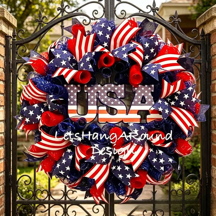 Unisex nan Patriotic Americana Heart Flag Wreath with Ribbon Mesh, Wooden Heart Cutout and Star Accent Bowlsift Kalsten