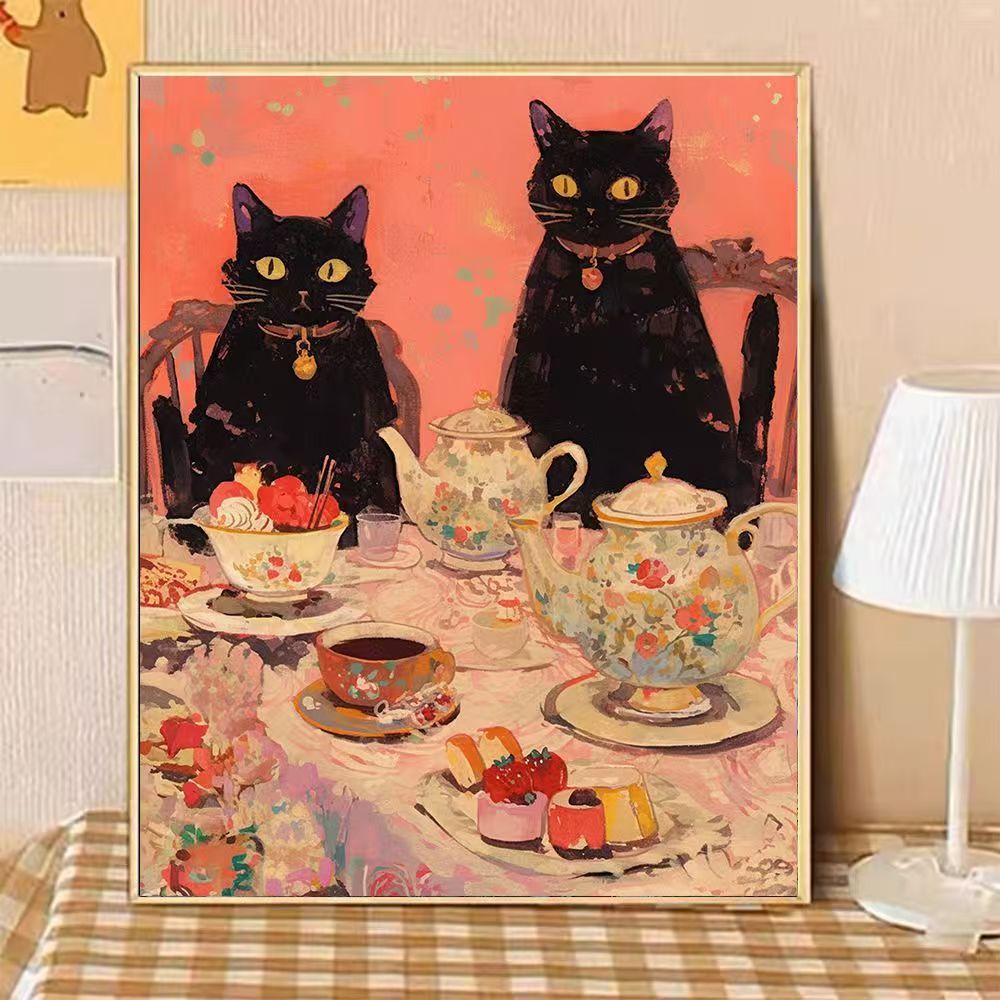 Whimsical Cat-Themed Afternoon Tea Canvas Art Kalsten