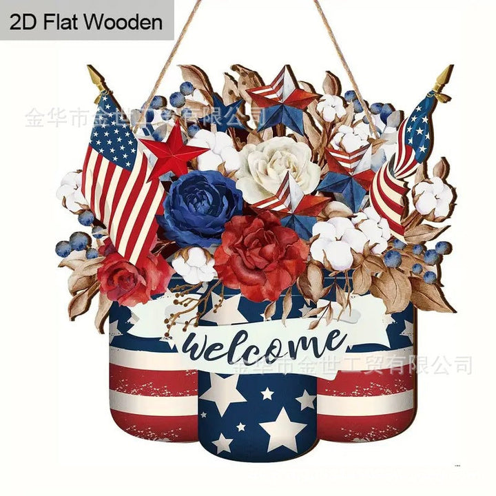Independence Day rustic round wooden patriotic cross wall plaque with floral accents and God Bless America banner Kalsten