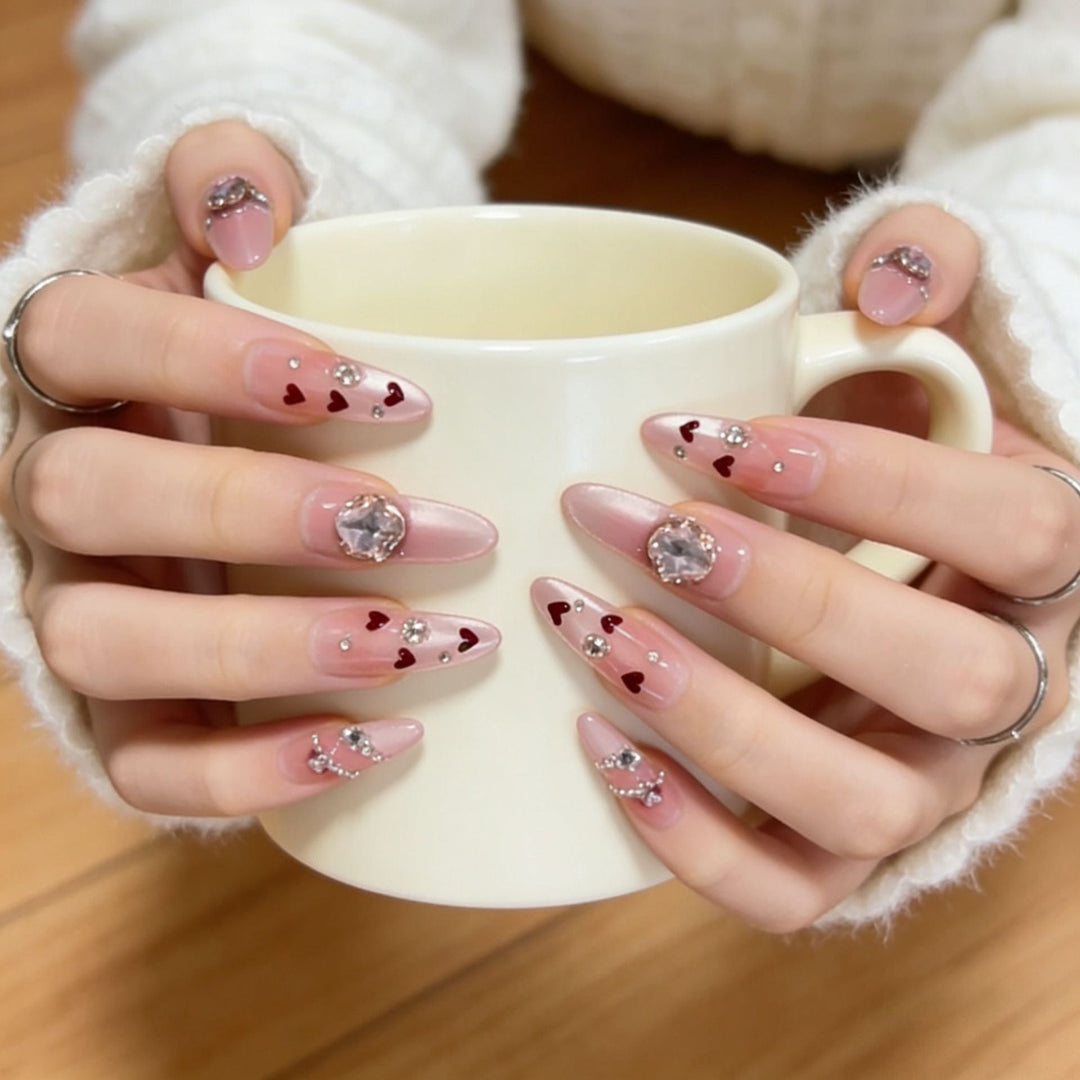 Decorative Press-On Nail Art with Heart and Gem Accents Kalsten