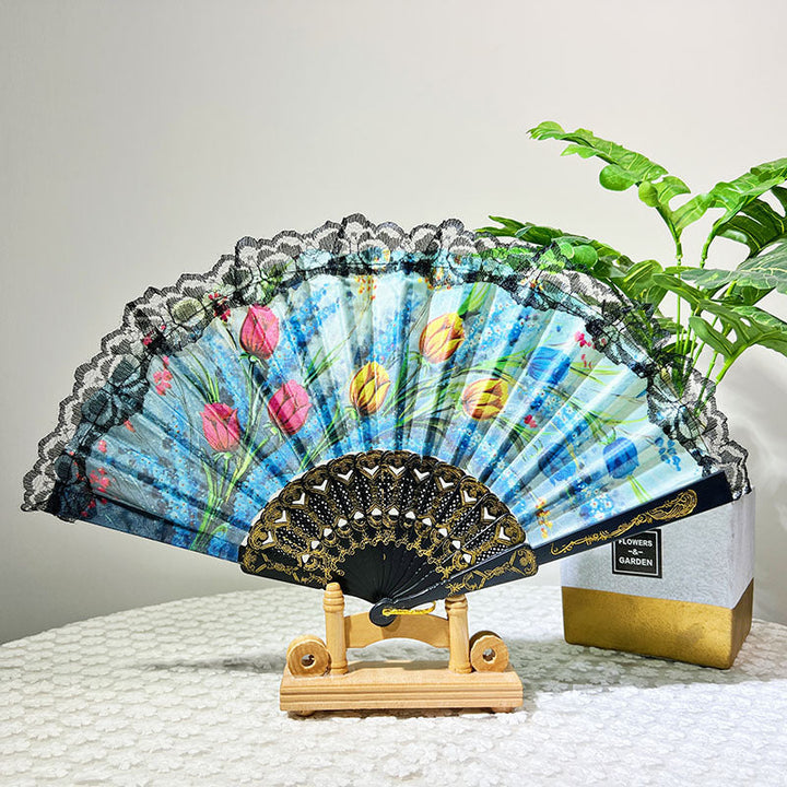 Ladies Elegant Hand Fan with Floral Design and Lace Edges Kalsten