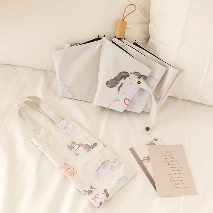 Women Folding Umbrella with Lovely Animal Illustrations Kalsten