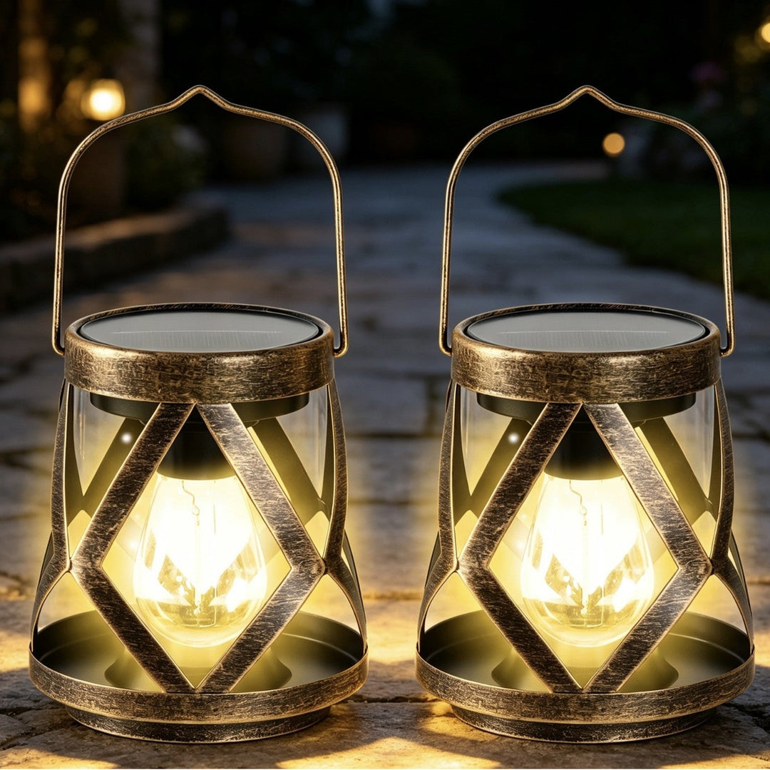 Portable Antique-Style Solar LED Lantern Pair With Built-In Solar Panel Hanging Handle And Weatherproof Metal Lattice Frame Kalsten