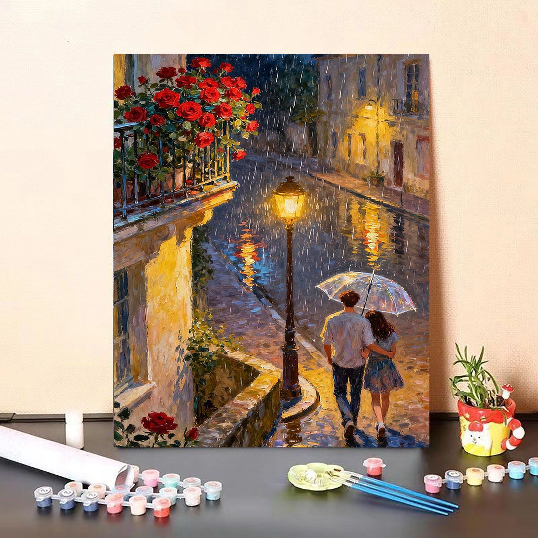Romantic Rainy Street Scene Paint by Numbers Kit Kalsten