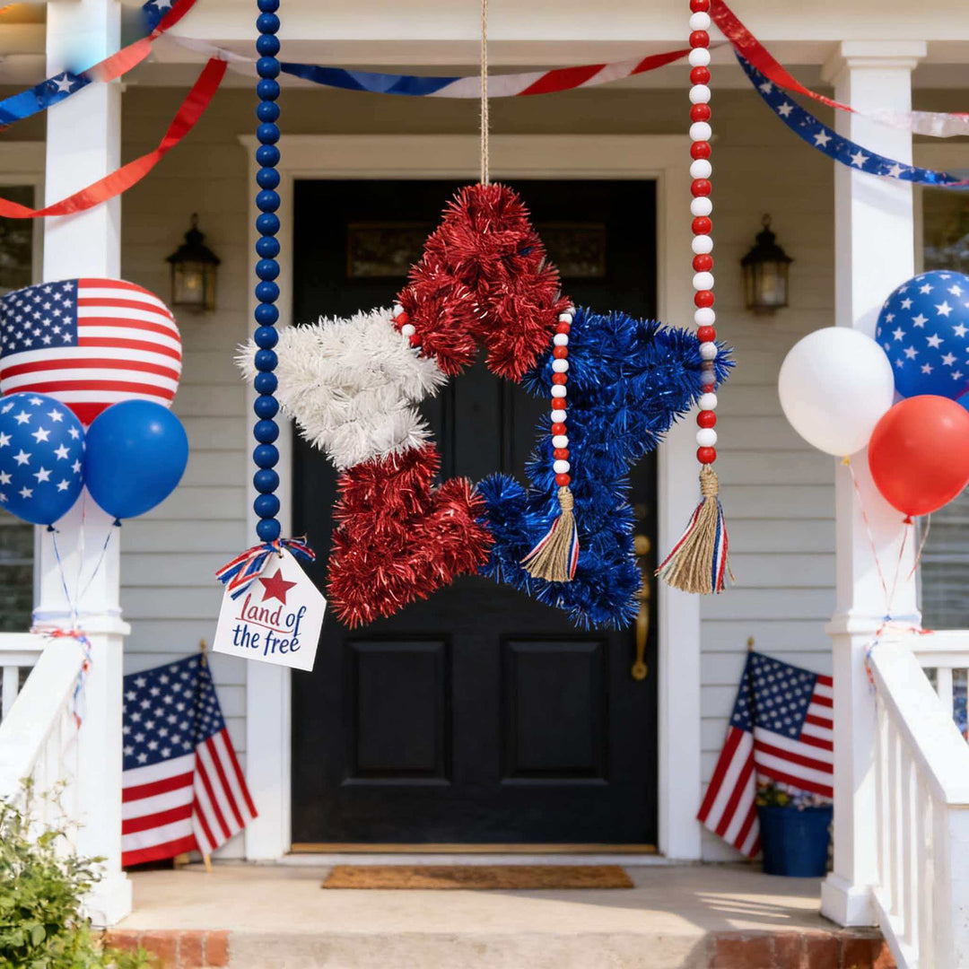 Unisex nan patriotic star door wreath made of artificial tinsel with wooden bead tassel and hanging pendant Kalsten