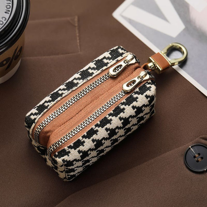 Double-Zippered Houndstooth Pattern Cosmetic Pouch Kalsten