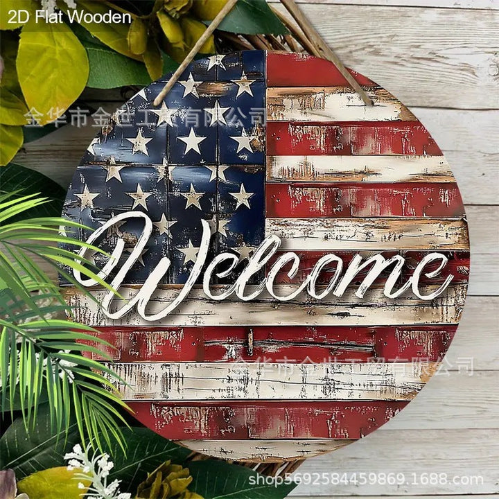 Independence Day rustic round wooden patriotic cross wall plaque with floral accents and God Bless America banner Kalsten