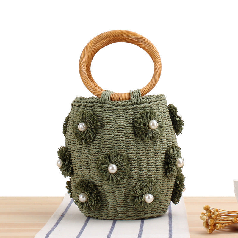 Handcrafted basket bag with bead appliqués Kalsten