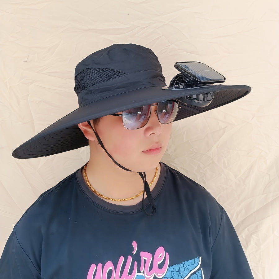 Wide-brimmed sun hat with detachable swivel solar fans and adjustable chin strap Kalsten