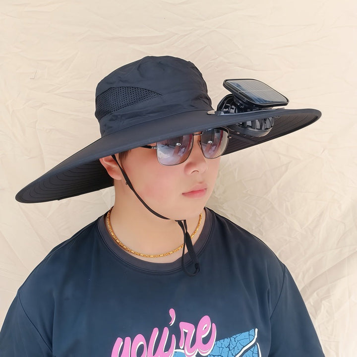Wide-brimmed sun hat with detachable swivel solar fans and adjustable chin strap Kalsten