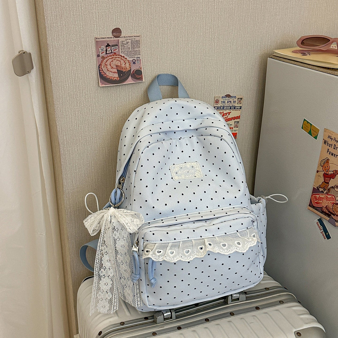 Charming Lace-Trimmed Polka Dot School Backpack