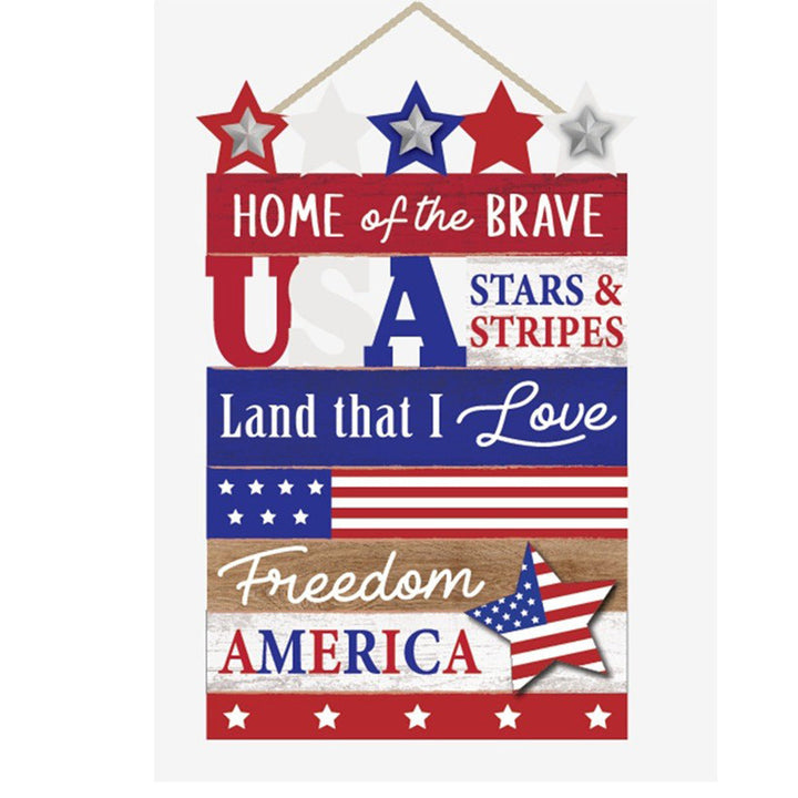 Independence Day rustic distressed wooden wall plaque with rope hanger and layered star accents Kalsten