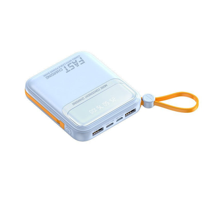 Compact power bank with integrated cable management and digital charge level display Kalsten