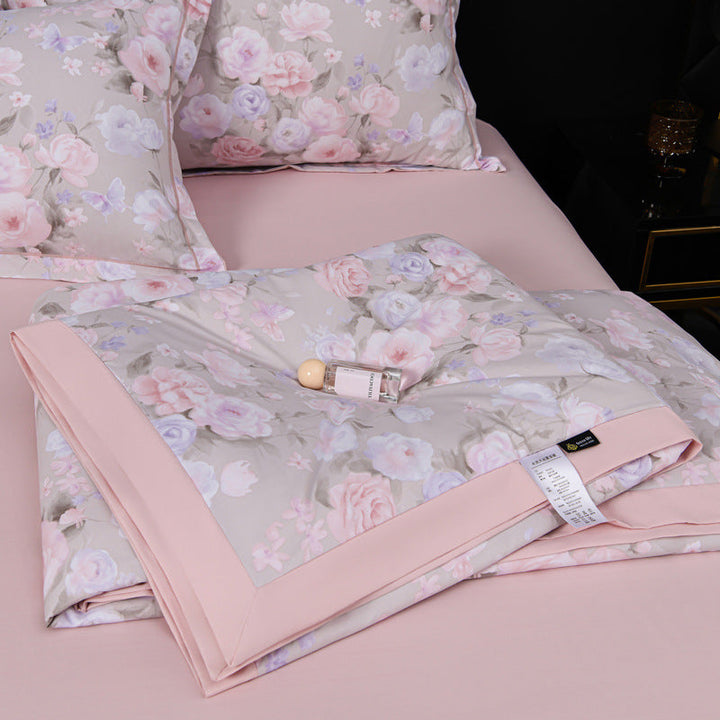 Floral Cotton Sateen Duvet Cover Set With Piped Border And Matching Pillow Shams