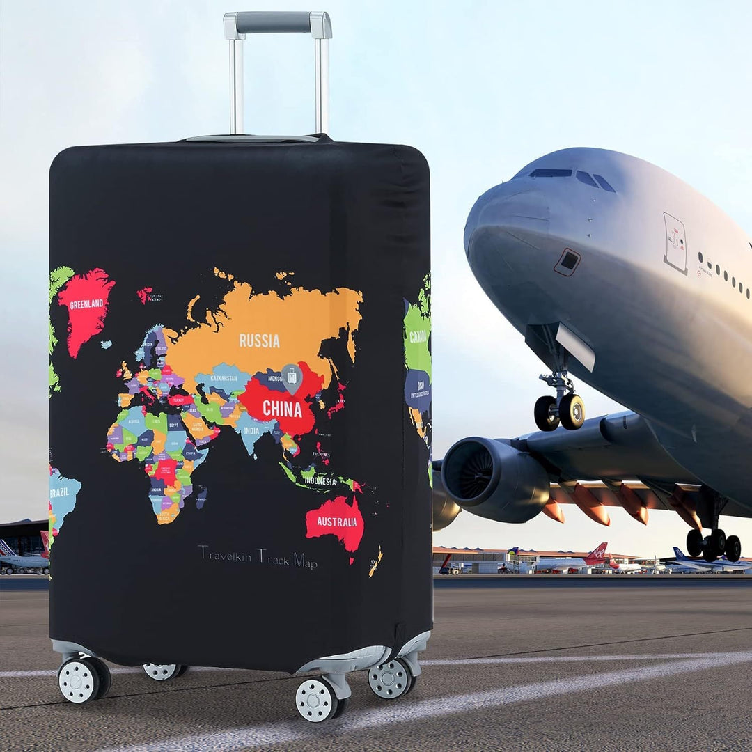 Unisex non-elastic suitcase protective cover with world travel design for hard-shell trolley and spinner wheels Kalsten