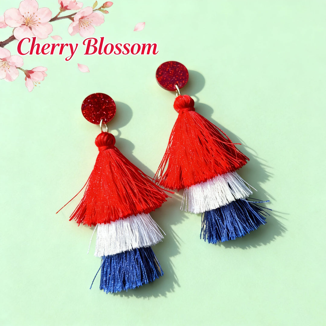 Women's nan tiered fringe tassel statement drop earrings with glitter disc stud and layered silk-like threads Kalsten