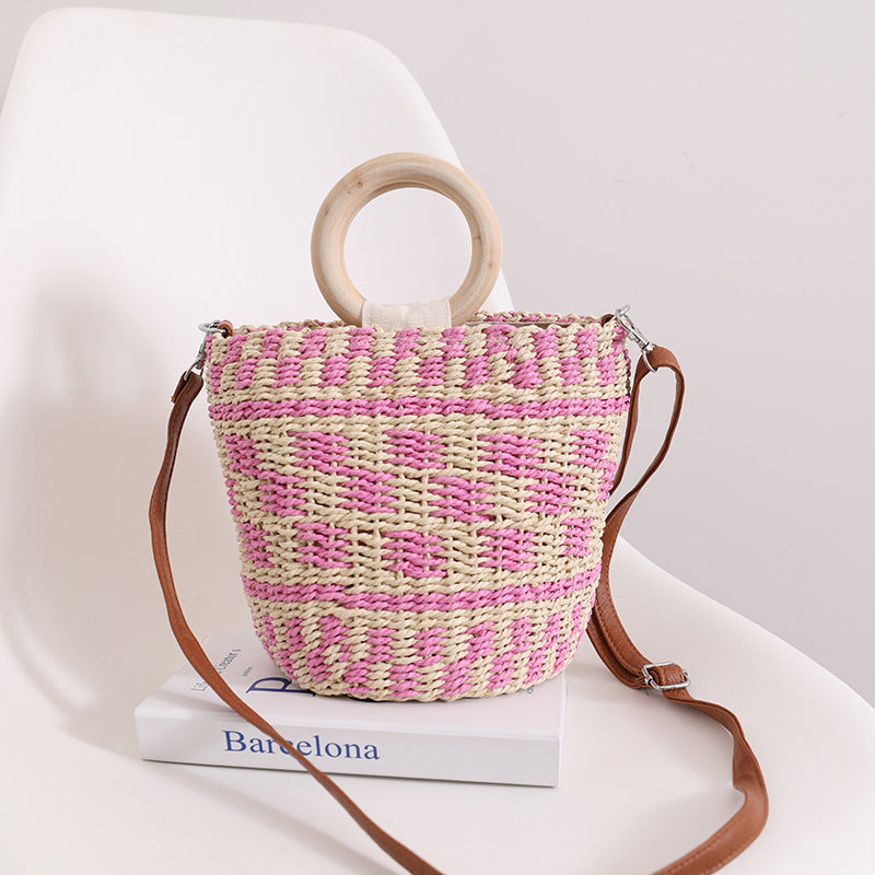 Handcrafted basket bag with wooden handle and adjustable shoulder strap Kalsten