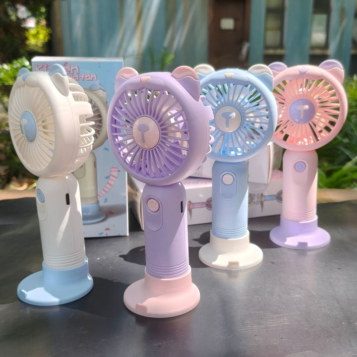 Unisex nan portable rechargeable handheld fan with bear-ear silicone frame foldable desk stand Kalsten