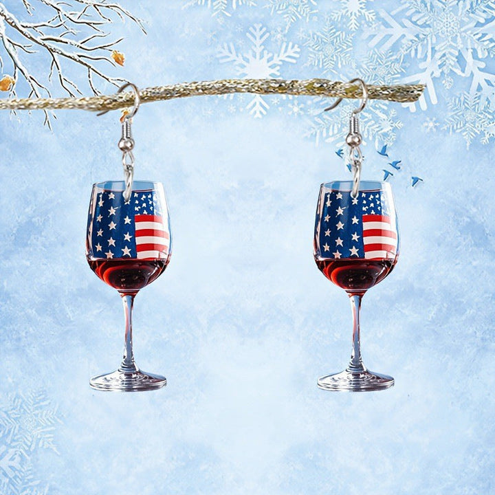Women's nan novelty wine glass dangle earrings with patriotic American flag enamel Kalsten
