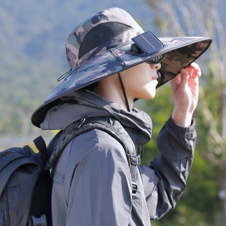 Wide-brimmed outdoor sun hat with solar-powered micro fan, breathable mesh and adjustable chin strap Kalsten