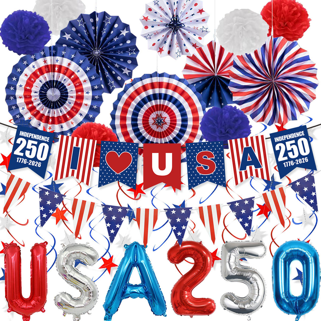 Unisex nan patriotic party decoration set with paper fans bunting pom poms star garlands and foil letter balloons Kalsten