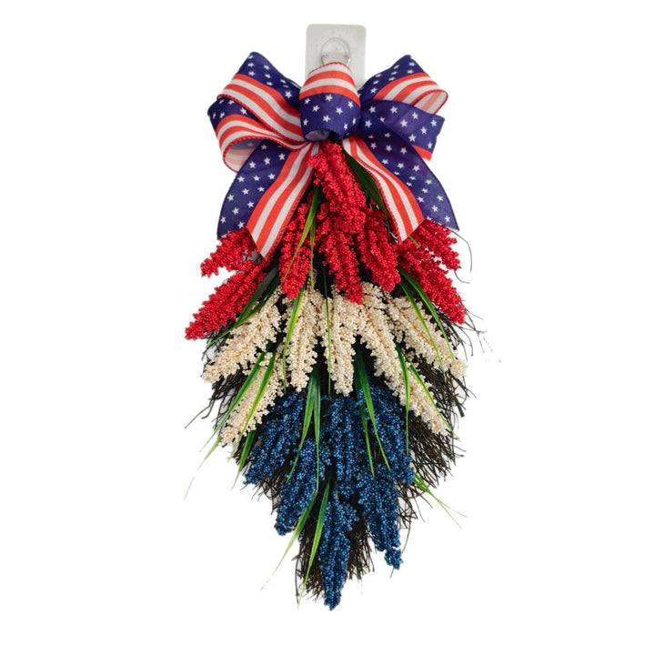 Independence Day tiered faux wildflower door swag with grosgrain stars-and-stripes bow Kalsten