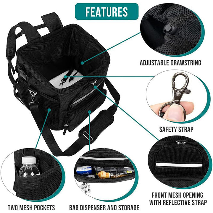 rectangular insulated pet travel tote with drawstring mesh canopy front-access pocket and adjustable padded shoulder strap Kalsten
