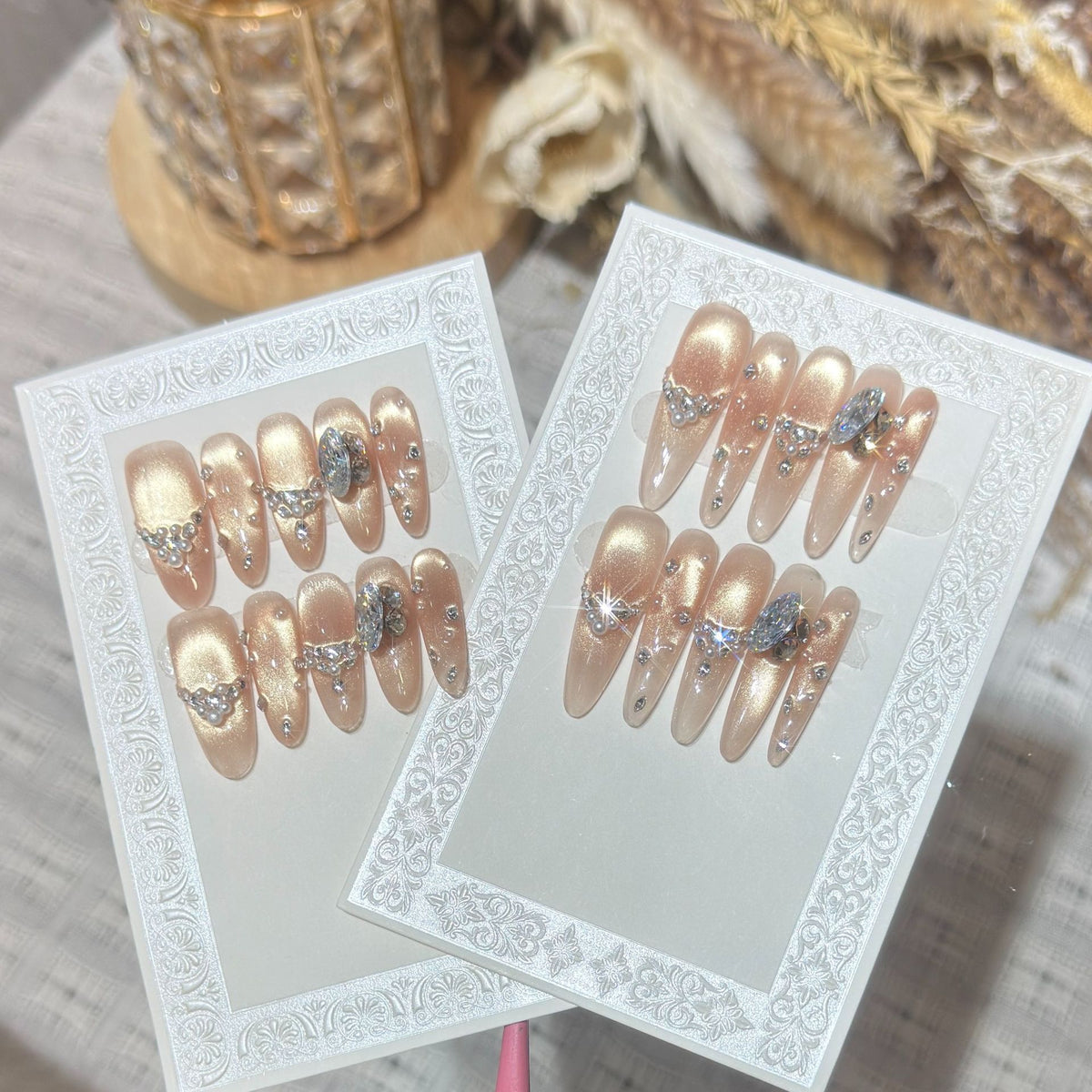 Elegant Stiletto Nail Art Set with Rhinestone and Glitter Detailing Acalora