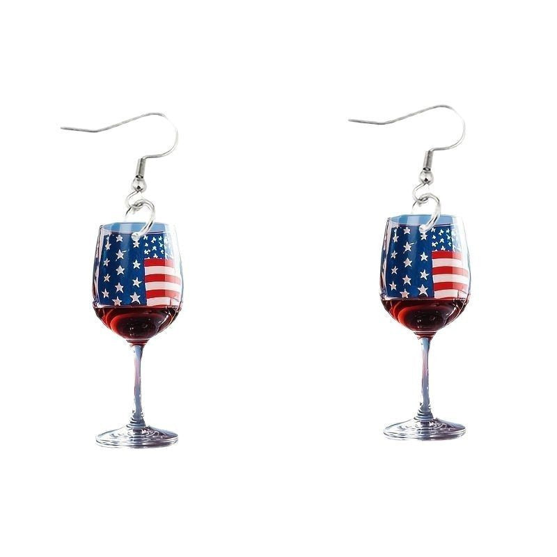 Women's nan novelty wine glass dangle earrings with patriotic American flag enamel Kalsten