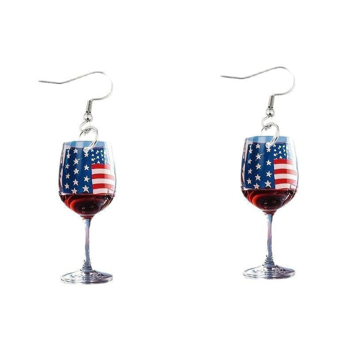Women's nan novelty wine glass dangle earrings with patriotic American flag enamel Kalsten