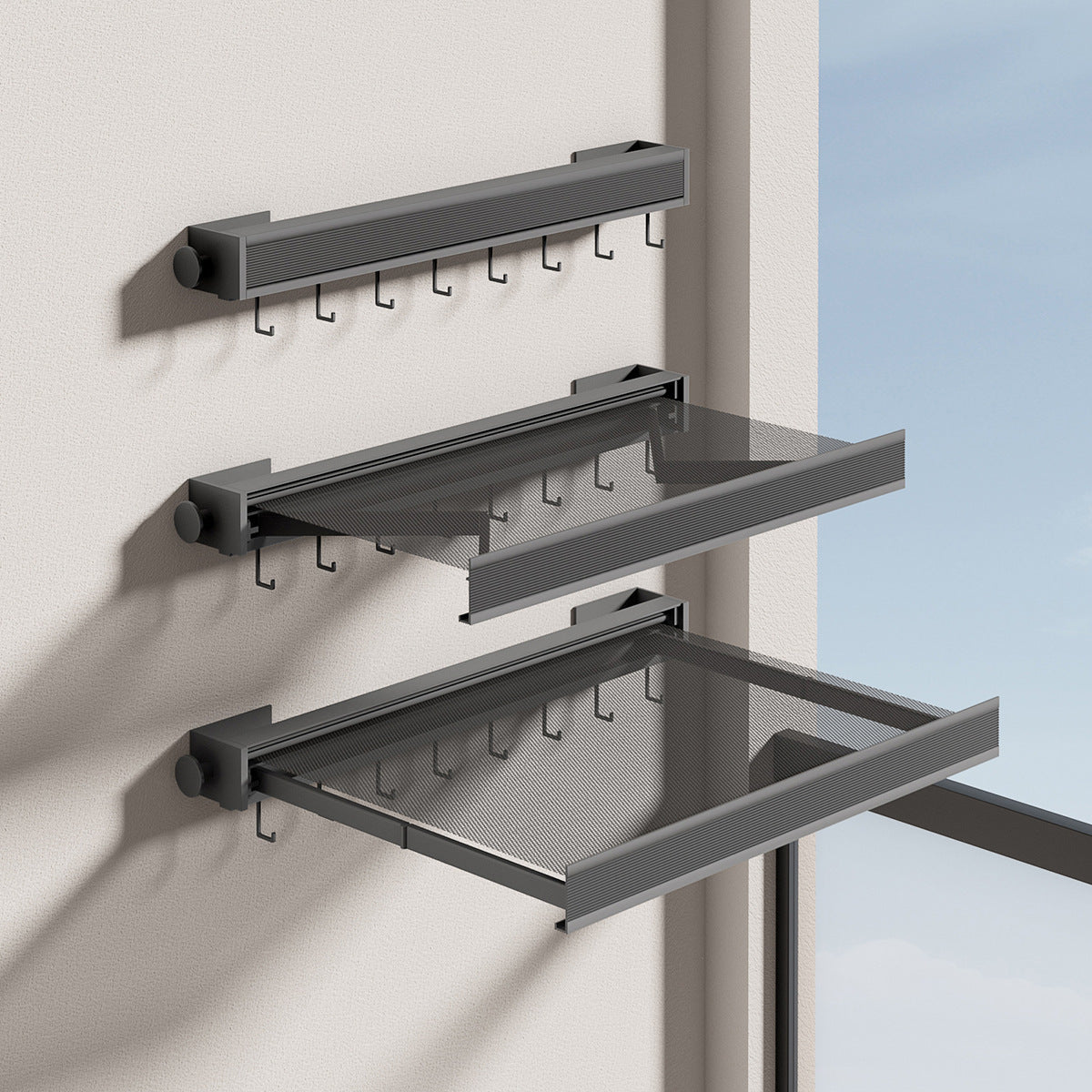 Skanto | Wall-Mounted Drying Rack | Extendable with Shelf and Hooks | Metal