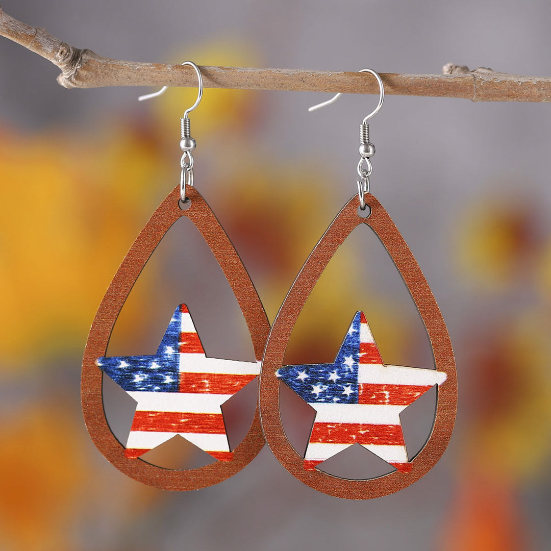 Women's nan patriotic teardrop wooden dangle earrings with star stripe cutout Kalsten