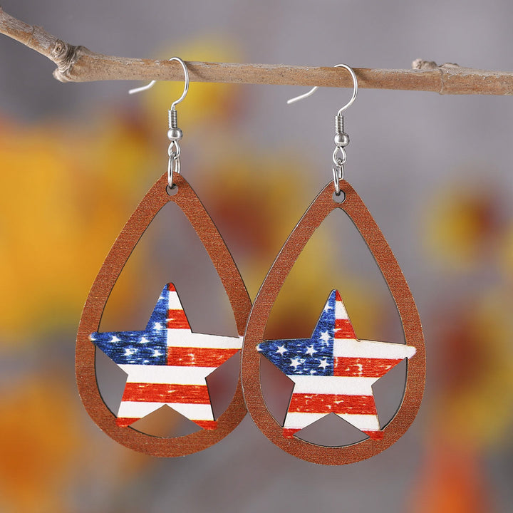 Ladies' nan teardrop-shaped wooden earrings with multi-layer star and stripe appliqué and nickel-free ear hooks Kalsten