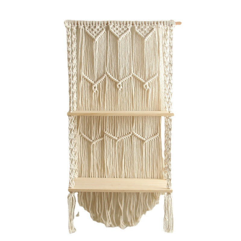 Decorative Wall-Mounted Macrame Shelf with Natural Wooden Accents Acalora
