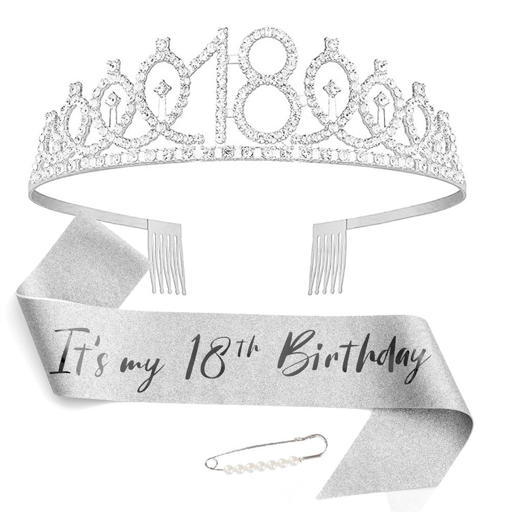 Women Crystal-Embellished Birthday Crown with Personalized Sash Kalsten