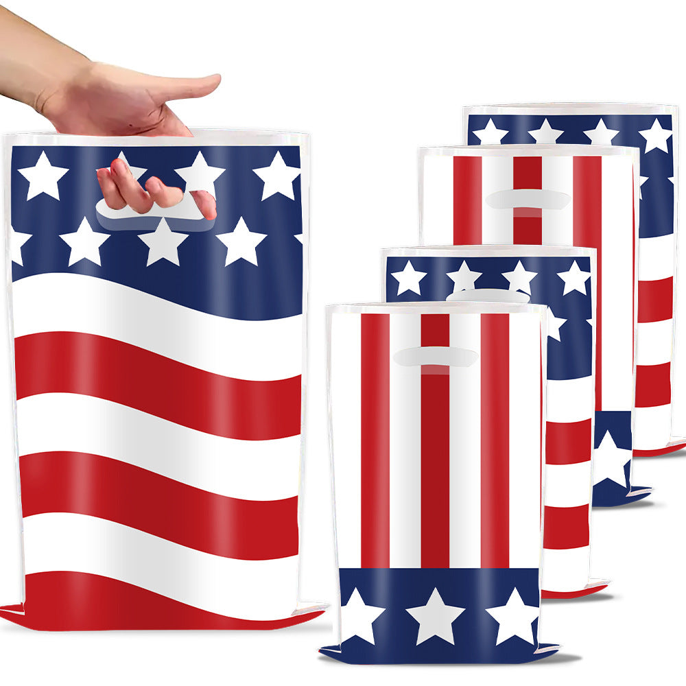 Unisex nan gift bags set with USA flag motif made of sturdy plastic and integrated handle ten pack Kalsten