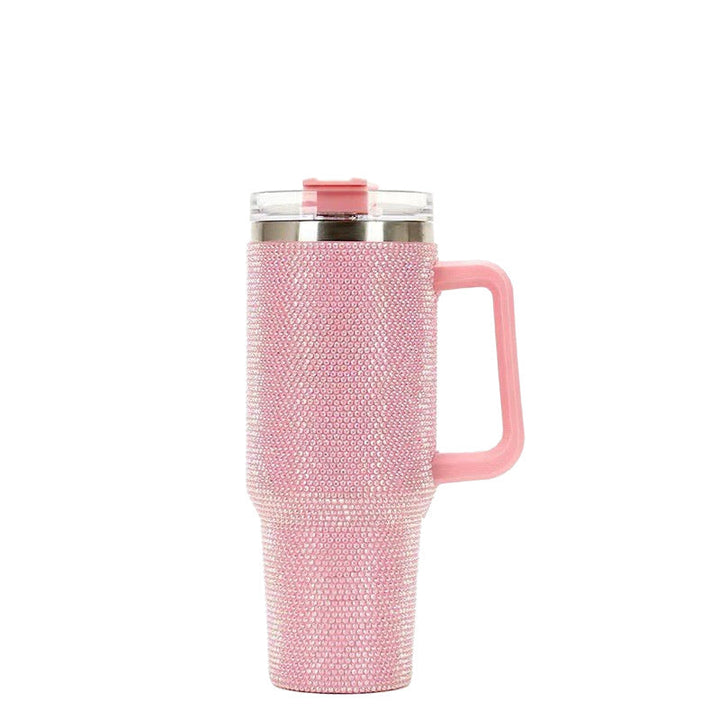Insulated Stainless Steel Rhinestone Travel Tumbler With Ergonomic Handle And Spill-Resistant Lid