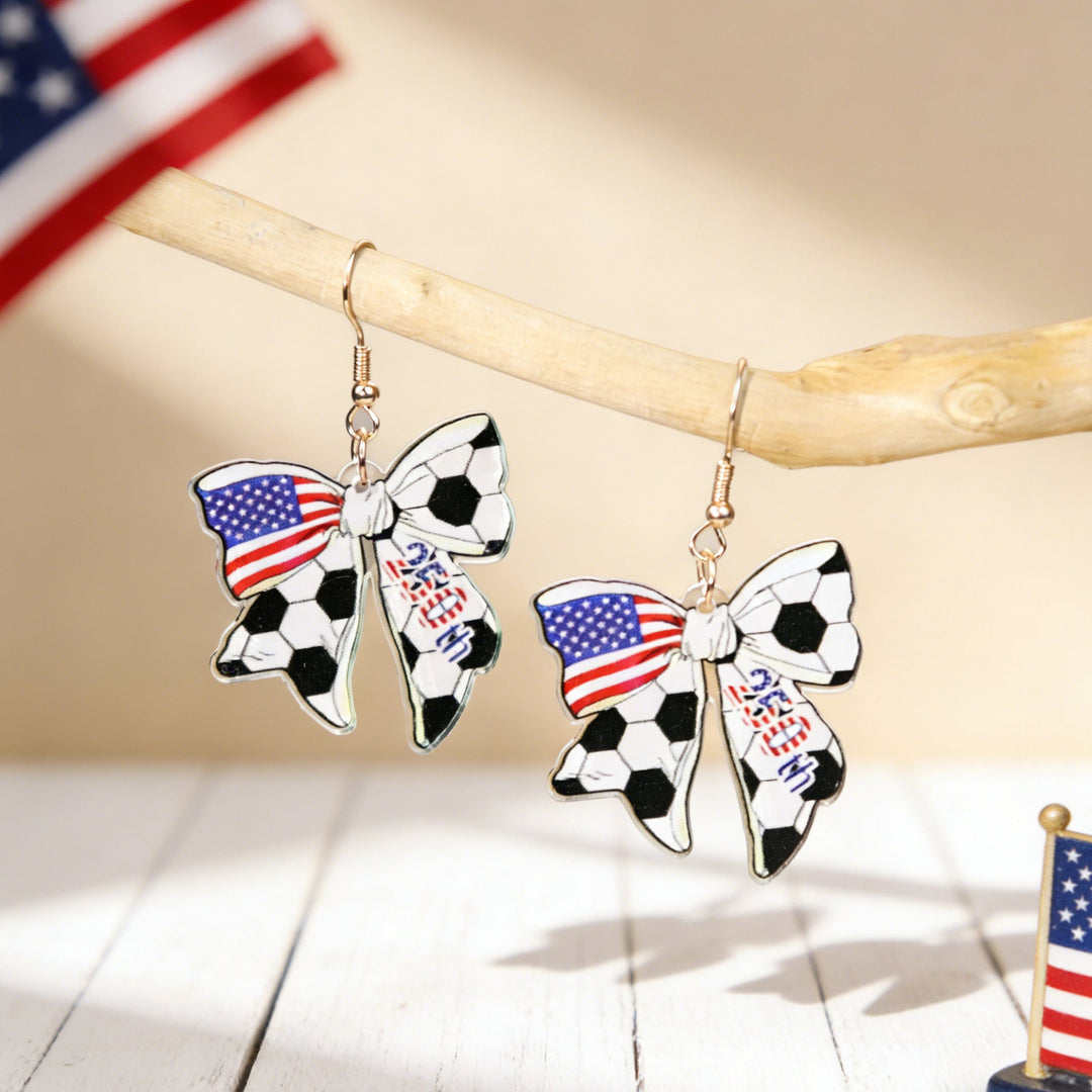 Women's acrylic statement earrings long pendant bow motif with patriotic print Kalsten