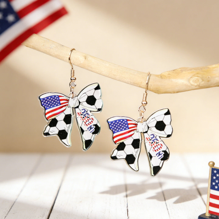 Women's acrylic statement earrings long pendant bow motif with patriotic print Kalsten