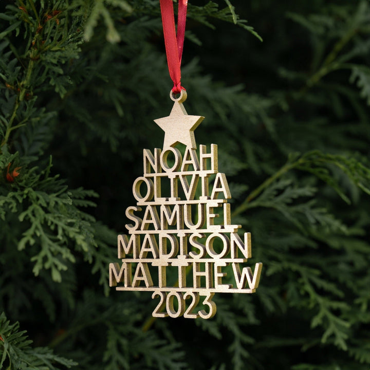 Laser-Cut Wooden Stacked-Name Christmas Tree Ornament With Customizable Family Name Tiers And Hanging Loop