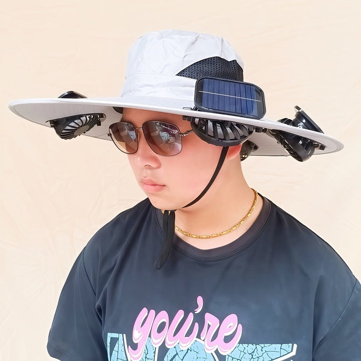 Wide-brimmed sun hat with detachable swivel solar fans and adjustable chin strap Kalsten