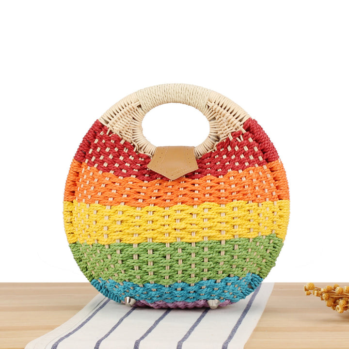 Round straw bag with elegant leather handle Kalsten