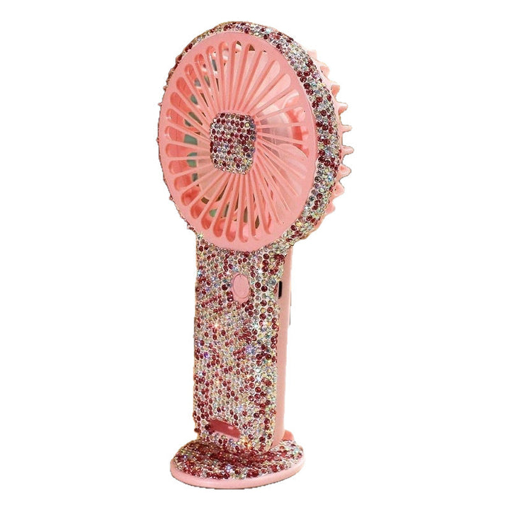 Women's portable hand fan rechargeable with rhinestone accents and cat emblem Kalsten