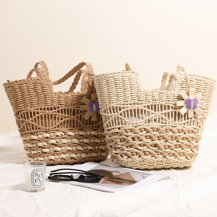 Braided basket bag with decorative flower appliqué Kalsten