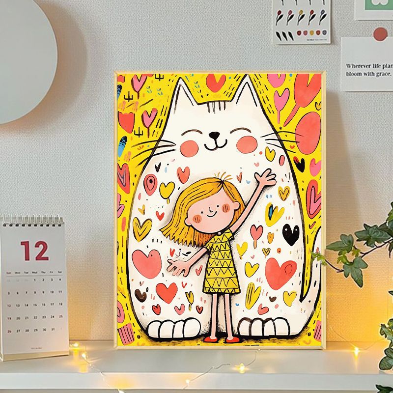 Playful Cat and Girl Illustration Canvas Art Kalsten
