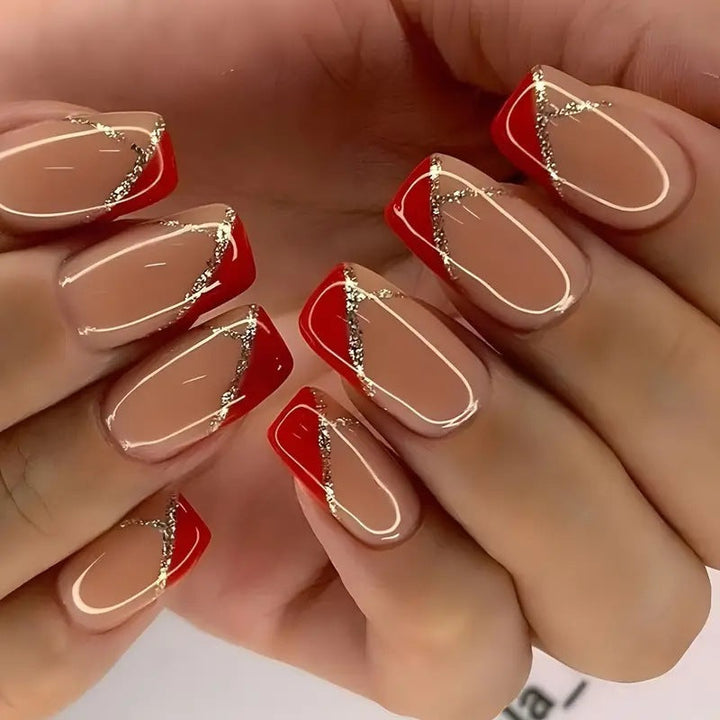 Elegant Artificial Nails with Glitter and Geometric Design Kalsten