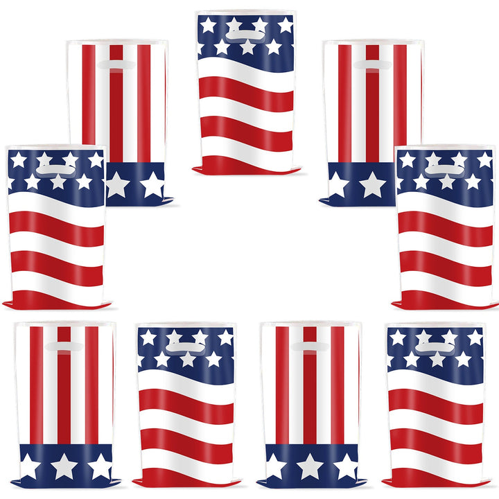 Unisex nan gift bags set with USA flag motif made of sturdy plastic and integrated handle ten pack Kalsten