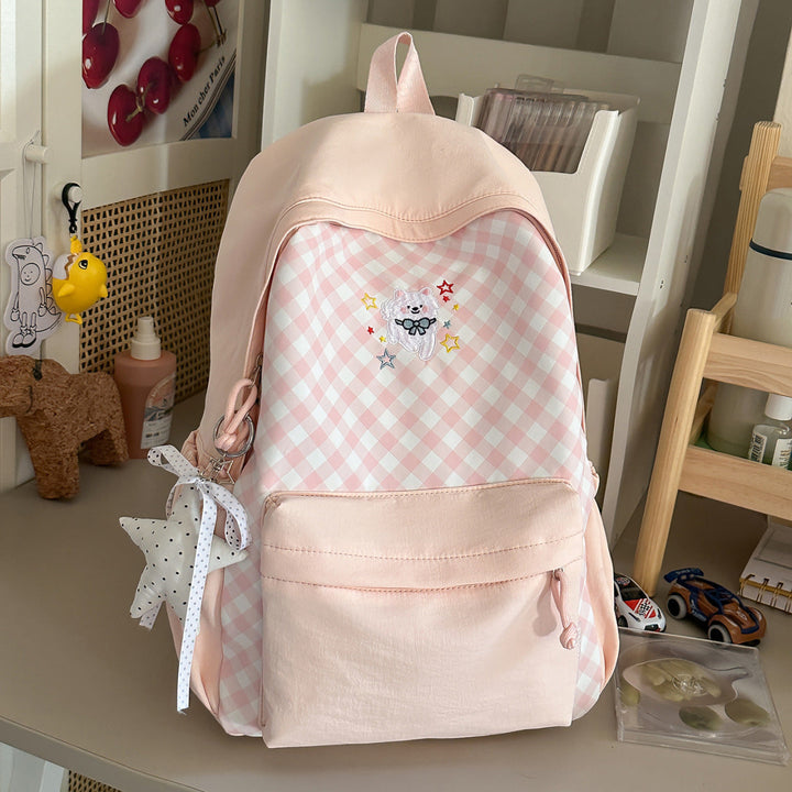Cute Checked Backpack with Embroidered Accents