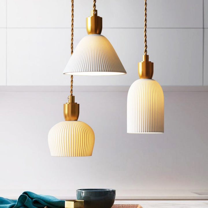 Retro Pleated Ceramic Brass Cocoon Pendant Lamp | Kalsten