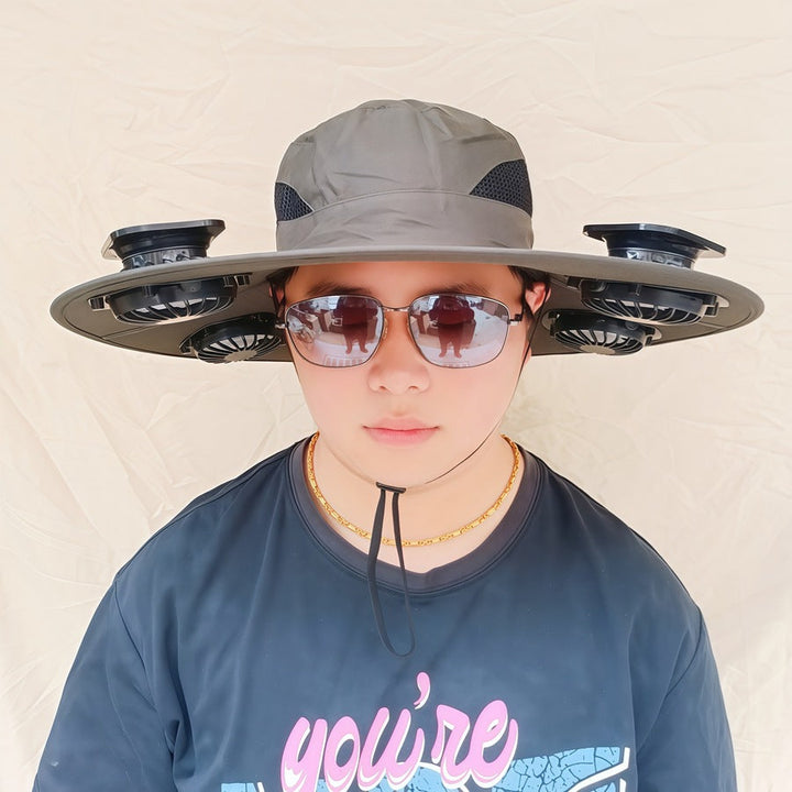 Wide-brimmed sun hat with detachable swivel solar fans and adjustable chin strap Kalsten
